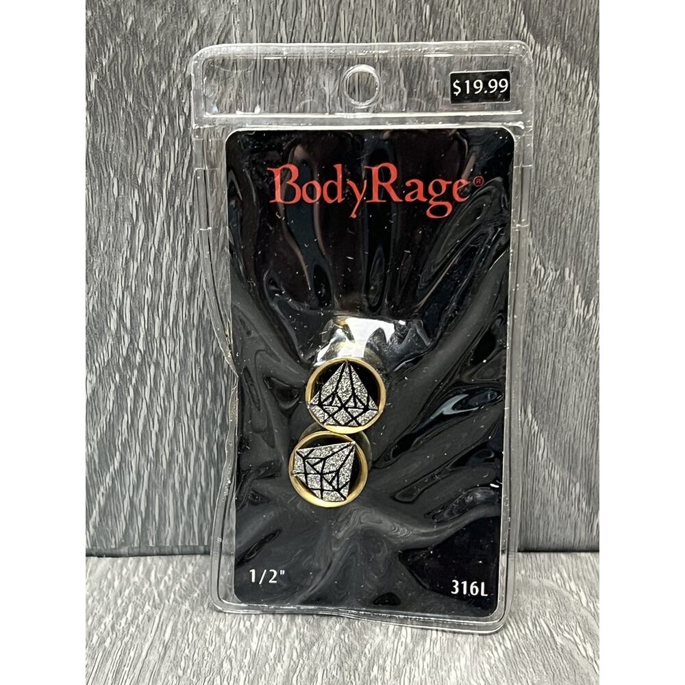 BodyRage Ear Plugs Acrylic 1/2" Gauge Diamond Design Gold Tone